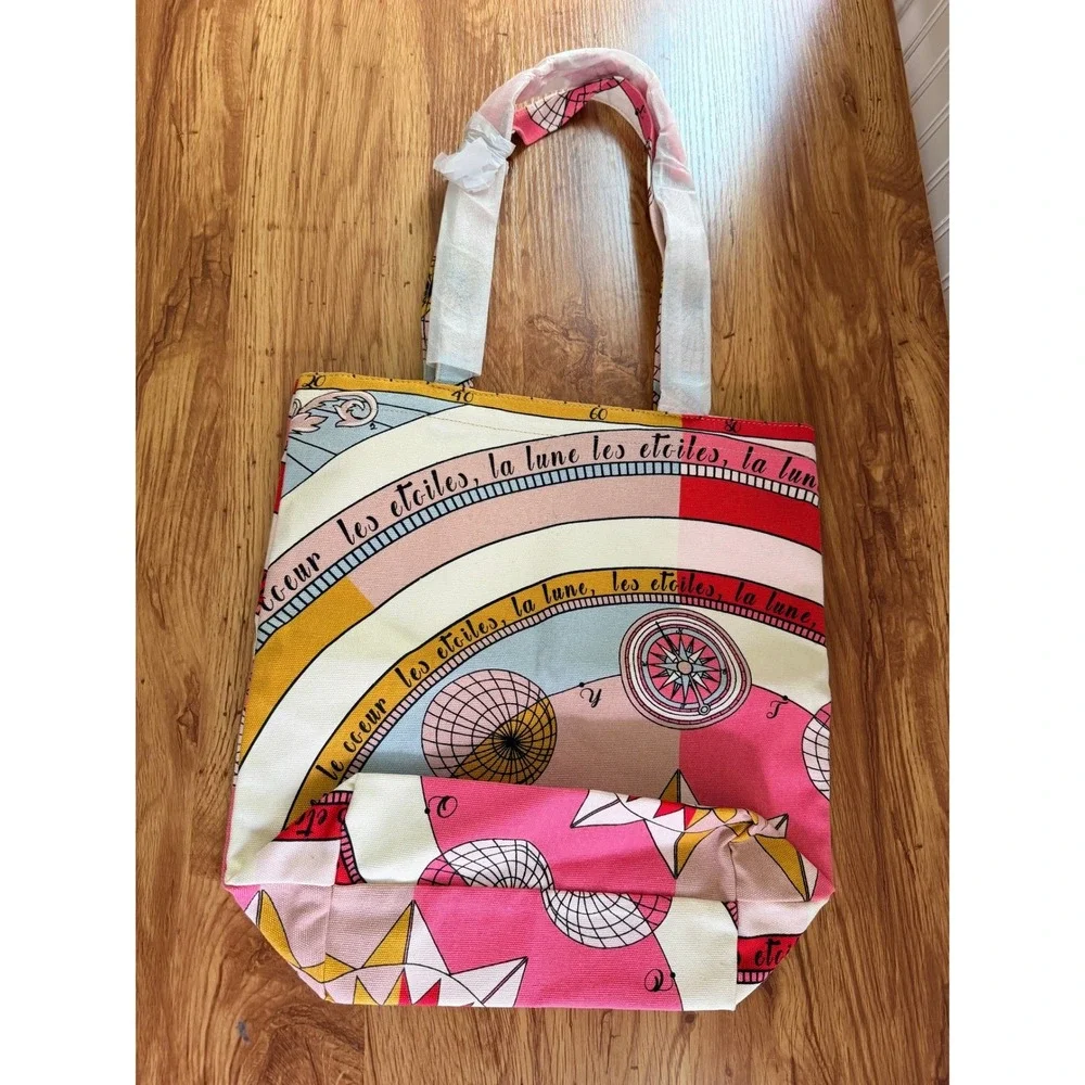 Tory Burch Celestial Canvas Tote Bag Moon Stars Pink Multicolor Large